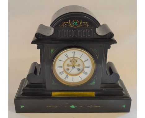 Very large 19th century slate mantel clock inset with malachite with plaque relating to Farnworth Sunday School L 50cm Ht 43c