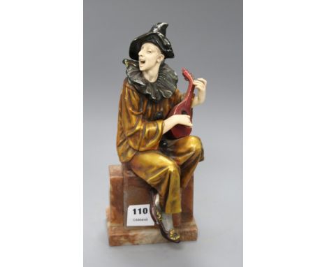 An Art Deco style soft metal and resin figure of a pierrot playing a mandolin, height 29cm Condition: Head detached just need