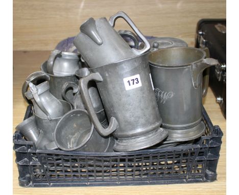 A collection of assorted pewter mugs, measures and dishes Condition:- 23.5cm plate by E. Quick of London, bird crest to the r