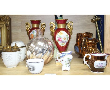 A group of assorted ceramics Condition:- French brass mounted pottery two piece desk set applied with flowers, inscribed to t