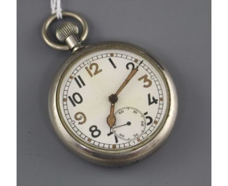 A 20th century nickel or chrome cased military issue pocket watch, with Arabic dial and subsidiary seconds, the case back eng