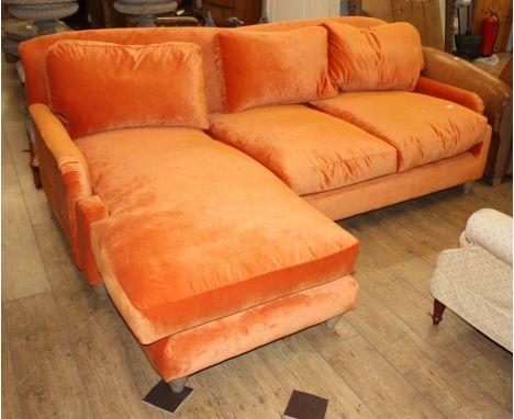 A Loaf orange velvet corner sofa group, W.226cm max.D 156cm H.84cm Condition: Very good other than one small hole to the fabr