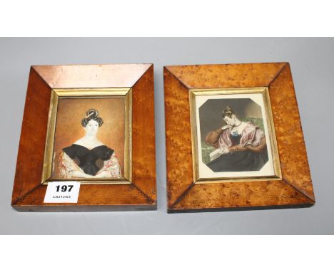 A Victorian painted ivory miniature portrait of a seated lady, 12 x 9cm, maple framed, and a coloured engraving, in near matc