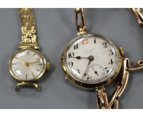 A lady's 1930's? J.W. Benson 9ct gold manual wind wrist watch, on yellow metal flexible strap and a lady's later 14ct gold ma