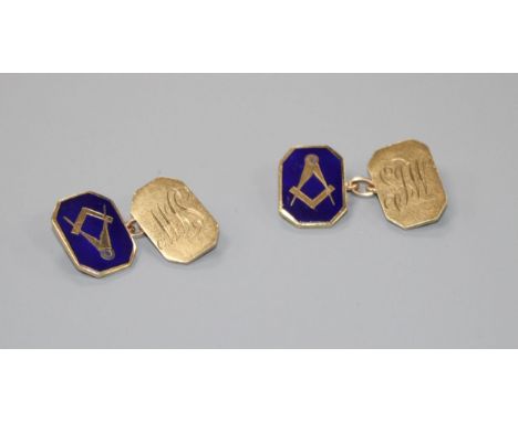A pair of 1960's 9ct gold and enamel masonic cufflinks, with engraved monograms, 16mm, gross weight 8.6 grams. Condition: Hal