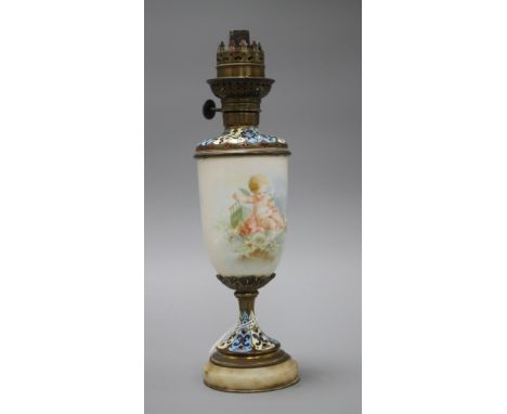 An early 20th century French champleve enamel bronze and ceramic lamp base, painted with a cherub, height 28cm Condition: A l