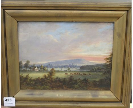 J. Duncan, oil on mahogany panel, City viewed from pastoral land, signed, 25 x 32cm Condition: Some wrinkling in the paint an