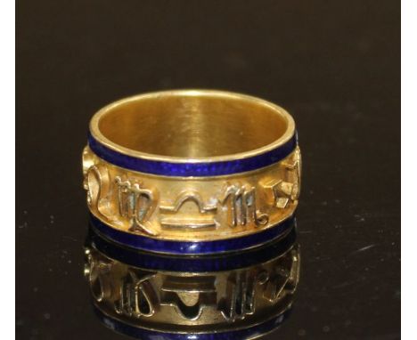 A late Victorian 18ct gold and blue enamel band, decorated with the signs of the Zodiac, Chester, 1896, size S/R, gross 9.1 g