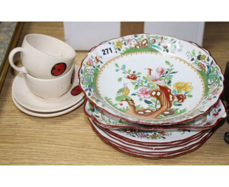 A pair of Moorcroft tea cups and saucers, with floral mons decoration and a Copeland Spode eight piece part dessert service C