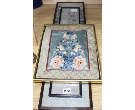 A Chinese silkwork double sleeve panel, 77 x 18cm overall, a smaller floral panel, 61 x 11cm and another, 34 x 26cm overall C
