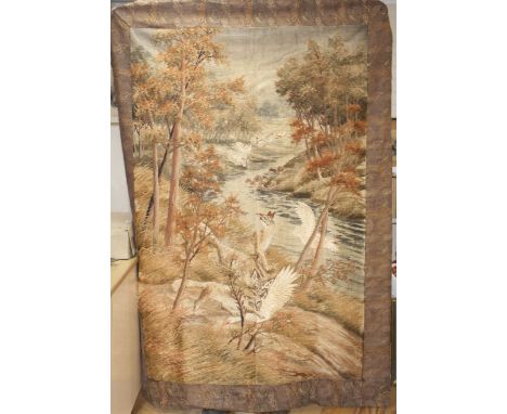 A 20th century Japanese silk panel, depicting wolves hunting geese beside a woodland stream, the inner panel 173 x 115cm, ove