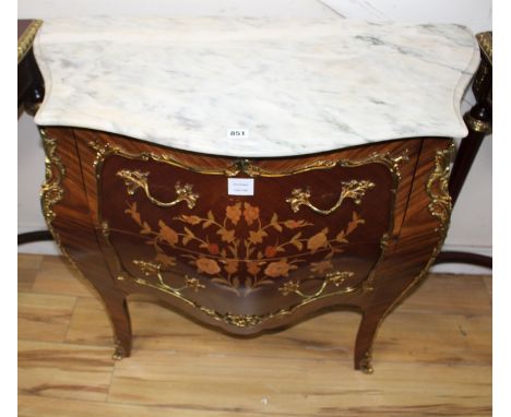 A Meuble Francais marquetry inlaid bombe commode, W.88cm D.40cm H.82cm Condition: Very good