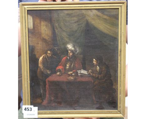 19th century Continental School, oil on board, Turkish money lender, 28 x 25cm Condition: A little dirty with grain of the pa