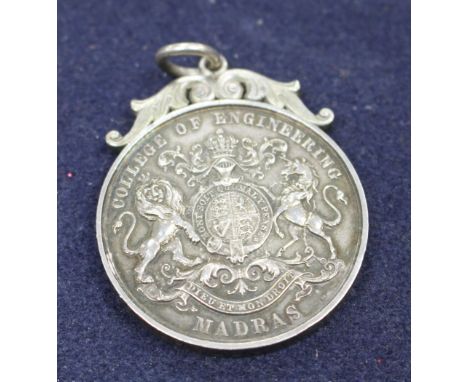 A silver Madra College of Engineering medal to Sgt. R. Hartley 1912, height 5cm