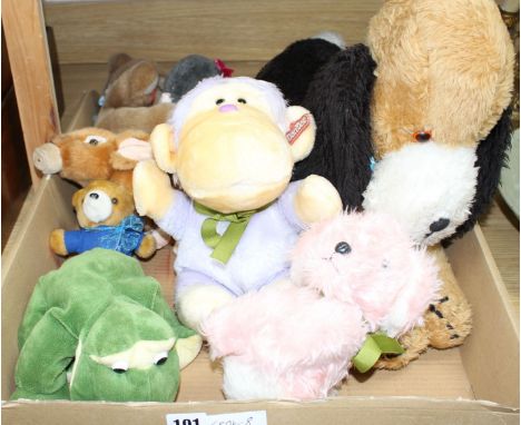 A group of assorted soft toys Condition:- large plush seated dog - slightly dirty but otherwise good, length 54cm- Steiff ted