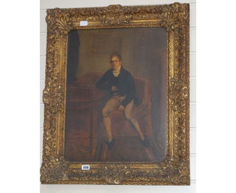Early 19th century English School, oil on canvas, Full length portrait of a gentleman seated beside a writing slope, 53 x 40c