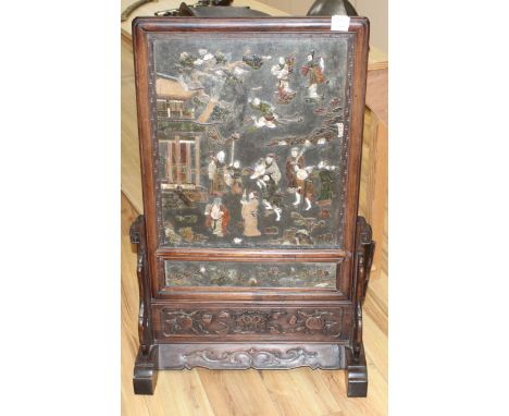 A late 19th / early 20th century Chinese hardstone table screen, applied with carved hardstone, mother of pearl and ivory dep