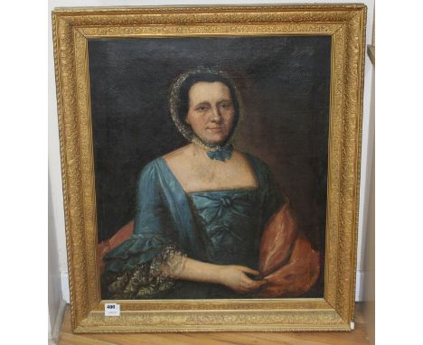 18th century English School, oil on canvas, Portrait of a lady wearing a blue dress, 72 x 62cm Condition: Relined 20 - 30 yea