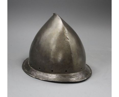 An Italian infantry helmet cabaset c.1580, polished steel raised from a single plate, medial ridge with pear stalk finial, pi