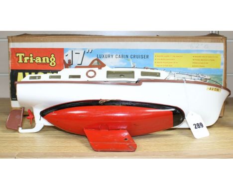 A Tri-ang Avon 17 inch electric motor luxury cabin cruiser model, boxed, together with a Tri-ang enamelled metal model of a y