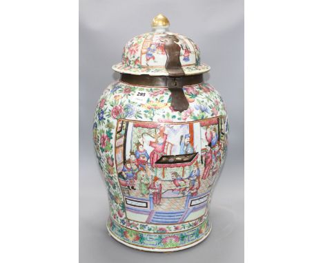 A large 19th century Chinese baluster jar and cover, with gilt finial, metal mounted rim and hinged latched lid, decorated wi