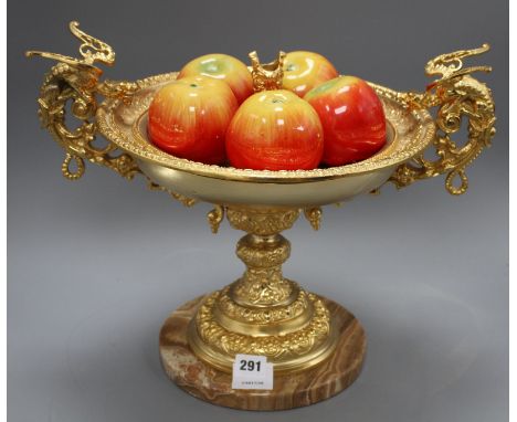 An Italian ornate gilt metal centrepiece, with five ceramic apple ornaments, width 46cm height 34cm Condition: Slight discolo