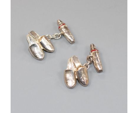 A pair of modern Asprey &amp; Co silver and red enamel cufflinks, modelled as a pair of slippers, engraved with the letter A,