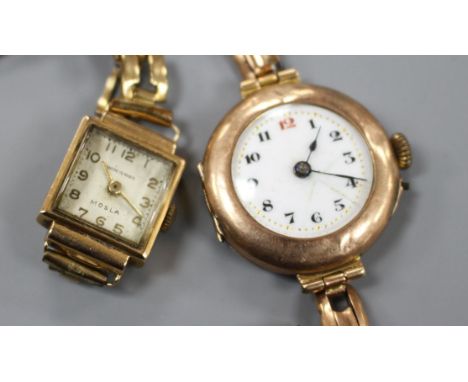 An early 20th century 9ct gold manual wind wrist watch (a.f.) on a 9ct flexible strap and a lady's 18k manual wind watch, on 
