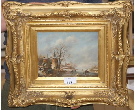 Modern 17th century Dutch style, oil on panel, Winter scene, 19 x 24cm, ornate gilt frame Condition: A little dirty with one 