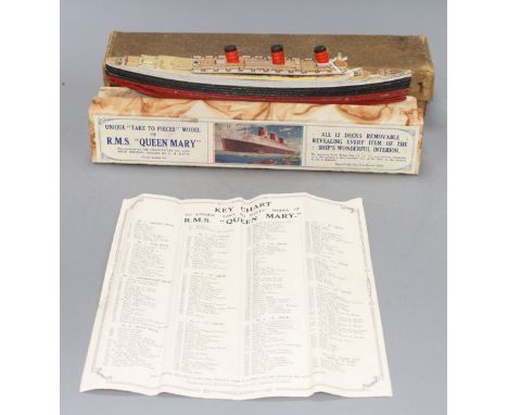A boxed Chad Valley Unique Take to Pieces model of RMS Queen Mary, together with Keychart, marbled box and outer box, Conditi