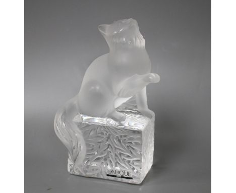 A modern Lalique frosted glass paperweight modelled as a seated cat, height 14.5cm, in original cardboard box, Condition: Min