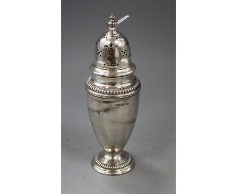 A George VI silver sugar caster by Mappin &amp; Webb, Sheffield, 1938, 18.6cm, 5 oz. Condition: Small dent to the lower part 