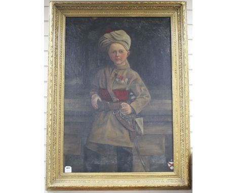 English School 1899, oil on canvas, Portrait of a boy wearing a turban and army uniform, indistinctly initialled and dated 18