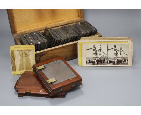 A collection of Magic Lantern slides, mostly text, a group of stereographic cards and three camera backplates Condition:- sli