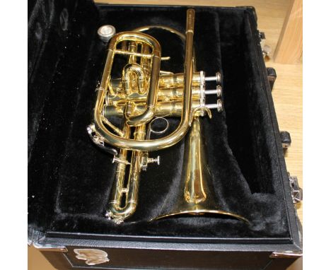 A cased Jupiter brass cornet, numbered JCR-520M, 33cm Condition: looks to be in good condition, some slight rubbing to the me