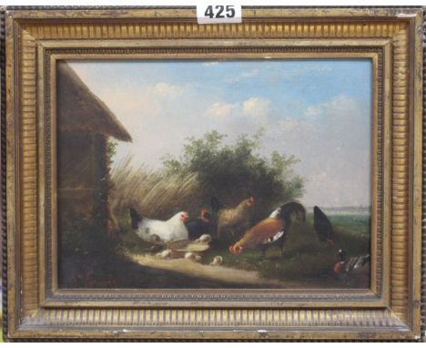 J. Vemruée, oil on panel, Chickens in a landscape, signed, 17 x 23cm Condition: Paint dirty, frame with small chips but essen