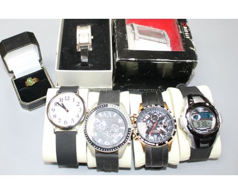 Four assorted modern gentleman's wrist watches, two lady's wrist watches and a 9ct and cabochon jade? ring, size P, gross 4.3