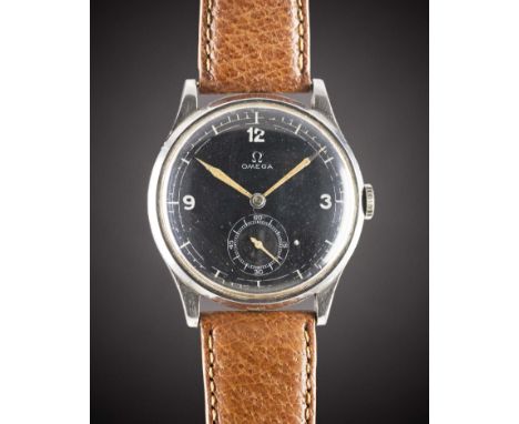 A GENTLEMAN'S LARGE SIZE STAINLESS STEEL OMEGA WRIST&nbsp;WATCH
CIRCA 1930s, WITH BLACK "SECTOR" DIAL

Movement:&nbsp;15J, ma