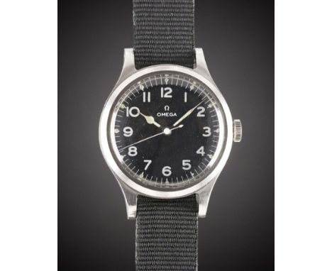 A GENTLEMAN'S STAINLESS STEEL BRITISH MILITARY OMEGA RAF PILOTS WRIST WATCH
DATED 1956, WITH BLACK DIAL
Movement:&nbsp;16J, m