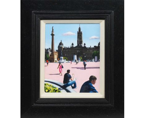 * LESLEY BANKS (SCOTTISH b. 1962), GEORGE SQUARE, GLASGOW  oil on canvas, signedframed and under glassimage size 25cm x 20cm,