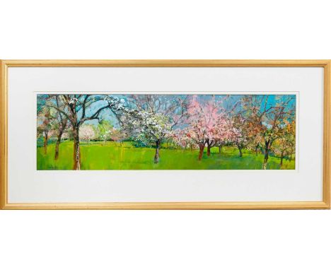 * WILLIAM BIRNIE RSW RGI (SCOTTISH 1929 - 2006), APPLE ORCHARD, NORMANDY mixed media on board, signed and dated '94, titled v