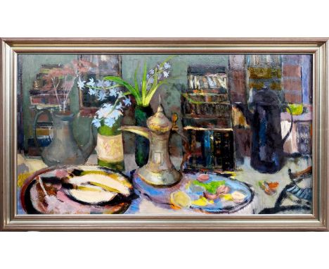 * BARBARA 'BABS' REDPATH (BRITISH 1924 - 2003), THE ATTIC oil on board, signed and titled versoframedimage size 52cm x 95cm, 