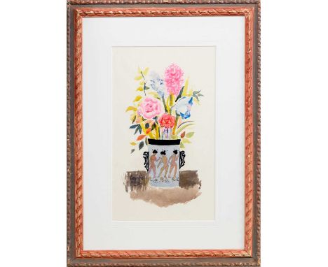 * WILLIAM CROSBIE RSA RGI (SCOTTISH 1915 - 1999), FLOWERS IN A VASE WITH CHINESE FIGURES  watercolour on paper, signedmounted