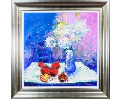 * JOHN LOWRIE MORRISON OBE (JOLOMO) (SCOTTISH b. 1948), THE BLUE CHAIR WITH POMEGRANATES AND FLOWERS oil on canvas, signed, t
