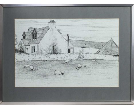 * FRANCES WALKER CBE RSA RSW (SCOTTISH b. 1930) KILORAN FARM, COLONSAY ink on paper, signed and dated 1973, titled versomount