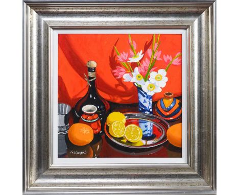 * FRANK COLCLOUGH (SCOTTISH 1941 - 2023), STUDY WITH RED BACKCLOTH oil on board, signed, titled label versoframed and under g