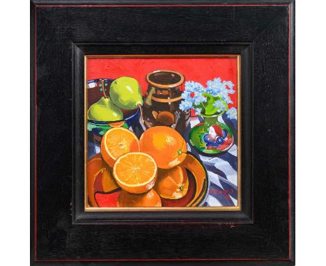 * FRANK COLCLOUGH (SCOTTISH 1941 - 2023), STUDY WITH FRUITS & FORGET-ME-NOTS oil on board, signed and dated '07, titled verso