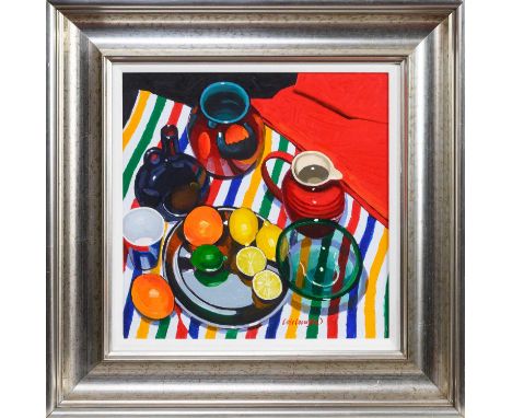 * FRANK COLCLOUGH (SCOTTISH 1941 - 2023), STUDY ON STRIPED CLOTH oil on board, signed, titled versoframed and under glass ima