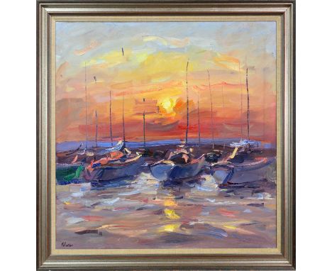 * JAMES FULLARTON (SCOTTISH b. 1946), SUNSET WITH YACHTS oil on canvas, signed, titled label versoframedimage size 76cm x 86c