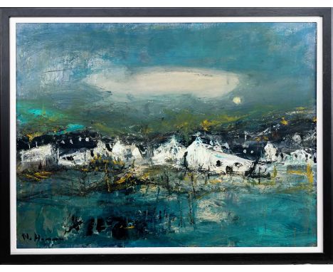 * NAEL HANNA (IRAQI/SCOTTISH b 1959), HOUSES BY THE COAST  oil on panel, signedframed and under glassimage size 75cm x 100cm,